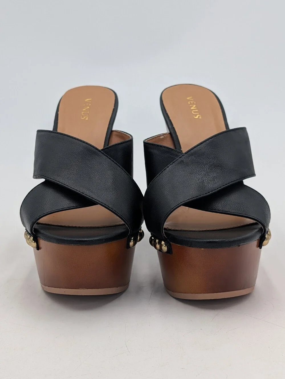 Venus Size 9 Womens Black Gold Studded Crossband Faux Wood Platform Mule Heel